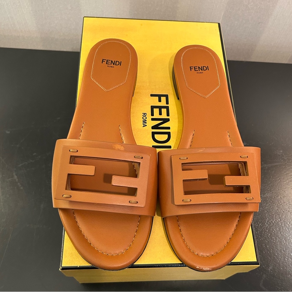 Fendi Tan Leather Slides with FF Cutout - Picture 3 of 7